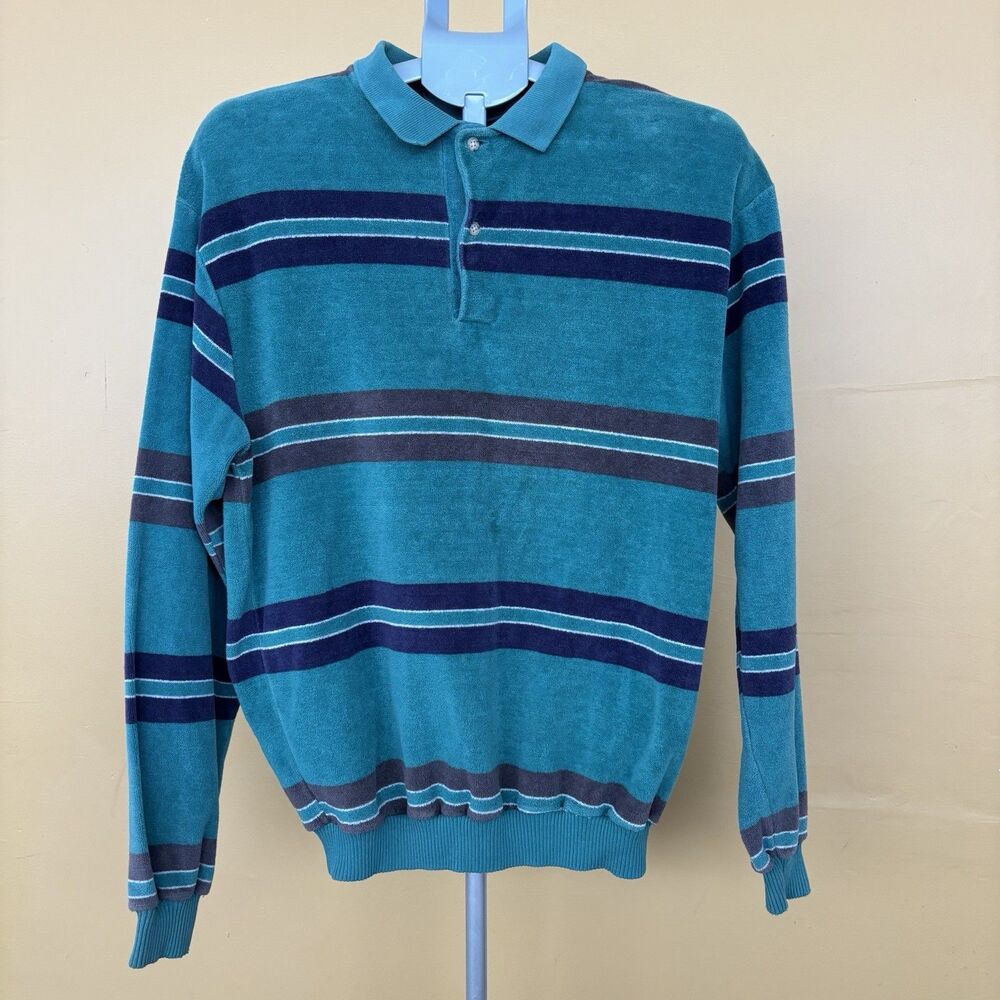 Vintage Knights Bridge Velour Polo Shirt Mens L Long Sleeve Striped Made In USA
